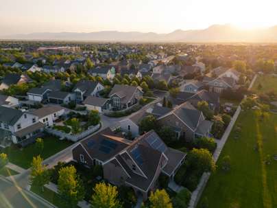 An aerial establishing shot of a planned community in Utah, USA